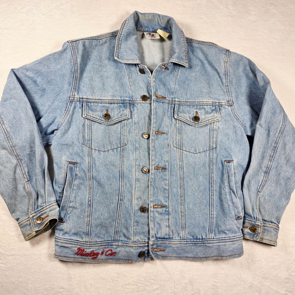 Mickey & Co Womens Light Wash Denim Jacket Embroidered Graphic Print Size Large